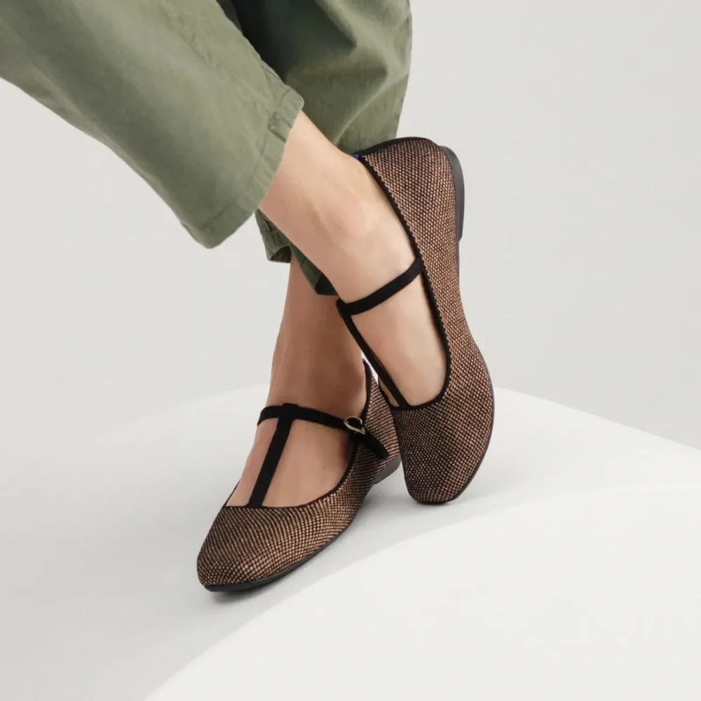 Rothy's T-Strap Mary Jane Flats Bronze Black Metallic Knit Women's Size 9 - Picture 1 of 10